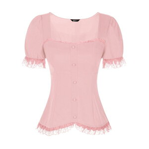 �A���O�� �P�[ ���f�B�[�X �g�b�v�X �V���c �u���E�X ���[�X ALLEGRA K Victorian Shirt For Women'sweetheart Neck Short Sleeve Lace Up Gothic Blouse Grey Pink �O���[