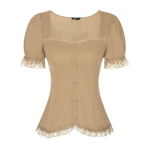 �A���O�� �P�[ ���f�B�[�X �g�b�v�X �V���c �u���E�X ���[�X ALLEGRA K Victorian Shirt For Women'sweetheart Neck Short Sleeve Lace Up Gothic Blouse Khaki �J�[�L