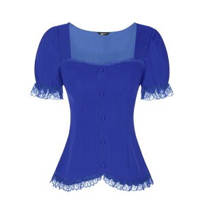 �A���O�� �P�[ ���f�B�[�X �g�b�v�X �V���c �u���E�X ���[�X ALLEGRA K Victorian Shirt For Women'sweetheart Neck Short Sleeve Lace Up Gothic Blouse Royal Blue �u���[