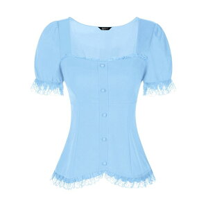 �A���O�� �P�[ ���f�B�[�X �g�b�v�X �V���c �u���E�X ���[�X ALLEGRA K Victorian Shirt For Women'sweetheart Neck Short Sleeve Lace Up Gothic Blouse Sky Blue �u���[