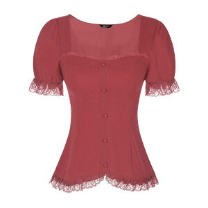 �A���O�� �P�[ ���f�B�[�X �g�b�v�X �V���c �u���E�X ���[�X ALLEGRA K Victorian Shirt For Women'sweetheart Neck Short Sleeve Lace Up Gothic Blouse Watermelon Red ���b�h