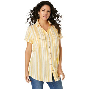 ���A�}���Y ���f�B�[�X �g�b�v�X T�V���c �v���X�T�C�Y Roaman's Women's Plusize Seersucker Shirt Yellow Seersucker �C�G���[