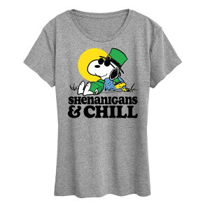 �A�j���L�����N�^�[ ���f�B�[�X �g�b�v�X T�V���c �O���t�B�b�N Licensed Character Women's Peanutsnoopy & Woodstock Shenanigans & Chill Graphic Tee Heather Gray �O���[