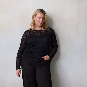 LC Lauren Conrad ���f�B�[�X �g�b�v�X T�V���c �v���X�T�C�Y ���[�X Juniors' Plusize LC Lauren Conrad Long Sleeve Lace T-Shirt Black Ore �u���b�N