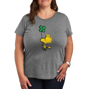 �A�j���L�����N�^�[ ���f�B�[�X �g�b�v�X T�V���c �v���X�T�C�Y �O���t�B�b�N Licensed Character Plusize Peanuts Woodstock Glitter Clover Graphic Tee Heather Gray �O���[