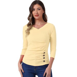 �A���O�� �P�[ ���f�B�[�X �g�b�v�X �V���c V�l�b�N �M���U�[ �u���E�X �j�b�g ALLEGRA K Women's Decorative Button V Neck 3/4 Sleeve Solid Blouse Knit Ruched Top Apricot �A�v���R�b�g