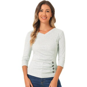 �A���O�� �P�[ ���f�B�[�X �g�b�v�X �V���c V�l�b�N �M���U�[ �u���E�X �j�b�g ALLEGRA K Women's Decorative Button V Neck 3/4 Sleeve Solid Blouse Knit Ruched Top Light Gray �O���[
