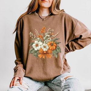 Simply Sage Market ���f�B�[�X �g�b�v�X T�V���c �t�����[�� �X�E�F�b�g �t�����[ Simply Sage Market Coquette Orange Bow Fall Floral - Women's Lightweight Garment Dyed Sweatshirt Espresso �I�����W