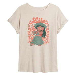 �f�B�Y�j�[ ���f�B�[�X �g�b�v�X T�V���c �t�����[�� �t�����[ Juniors' Disney's Lilo & Stitch Floral Frame Oversized Tee Beige �x�[�W��