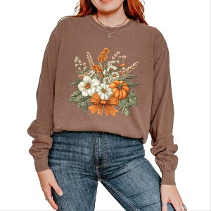 Simply Sage Market ���f�B�[�X �g�b�v�X T�V���c �t�����[�� �t�����[ �O���t�B�b�N Simply Sage Market Coquette Orange Bow Fall Floral - Women's Garment Dyed Long Sleeve Graphic T-Shirt Espresso �I�����W