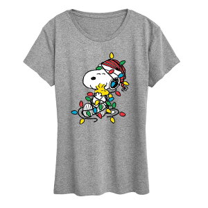 �A�j���L�����N�^�[ ���f�B�[�X �g�b�v�X T�V���c �O���t�B�b�N Licensed Character Women's Peanutsnoopy & Woodstock Christmas Lights Graphic Tee Heather Gray �O���[