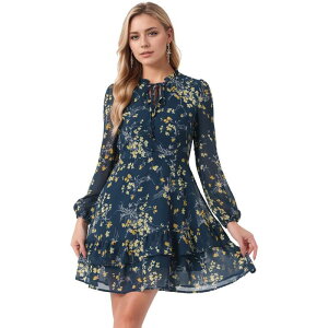 �A���O�� �P�[ ���f�B�[�X �g�b�v�X �����s�[�X �Z�~�V�A�[ V�l�b�N �V�t�H�� �~�j �V�A�[ ALLEGRA K Women'summer Layeredress Tie V Neck Semi Sheer Long Sleeve Chiffon Mini Dress Dark Blue �u���[