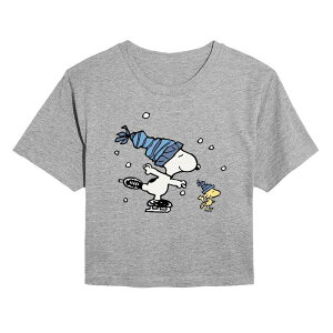 �A�j���L�����N�^�[ ���f�B�[�X �g�b�v�X T�V���c �N���b�v�h Licensed Character Juniors' Peanutsnoopy & Woodstock Cropped Tee Heather Gray �O���[