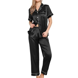 cheibear ���f�B�[�X �A���_�[�E�F�A �i�C�g�E�F�A �p���c �_�E�� cheibear Womensleepwear Buton Down With Pants Nightwear Lounge 2pcs Pajama Set Black �u���b�N