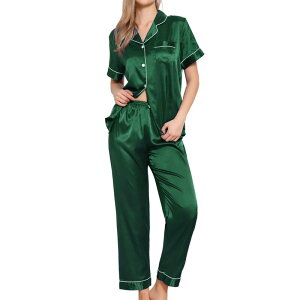 cheibear ���f�B�[�X �A���_�[�E�F�A �i�C�g�E�F�A �p���c �_�E�� cheibear Womensleepwear Buton Down With Pants Nightwear Lounge 2pcs Pajama Set Dark Green �O���[��