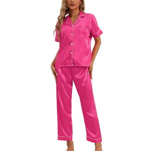 cheibear ���f�B�[�X �A���_�[�E�F�A �i�C�g�E�F�A �p���c �_�E�� cheibear Womensleepwear Buton Down With Pants Nightwear Lounge 2pcs Pajama Set Hot Pink �s���N