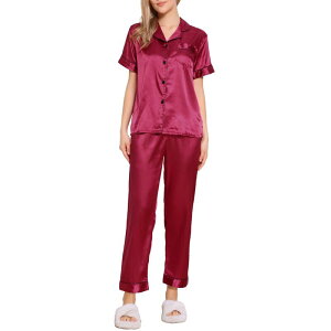 cheibear ���f�B�[�X �A���_�[�E�F�A �i�C�g�E�F�A �p���c �_�E�� cheibear Womensleepwear Buton Down With Pants Nightwear Lounge 2pcs Pajama Set Red ���b�h