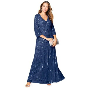 ���A�}���Y ���f�B�[�X �g�b�v�X �����s�[�X V�l�b�N �v���X�T�C�Y �}�L�V Roaman's Women's Plusize Beaded V-Neck 3/4 Sleeve Maxi Gown Evening Blue �u���[