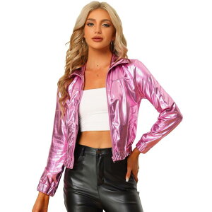�A���O�� �P�[ ���f�B�[�X �A�E�^�[ �W���P�b�g�E�u���]�� �g�[�� ALLEGRA K Women's Metallic Shiny Long Sleeve Zip Front Shortrack Jacket Pink �s���N