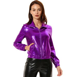 �A���O�� �P�[ ���f�B�[�X �A�E�^�[ �W���P�b�g�E�u���]�� �g�[�� ALLEGRA K Women's Metallic Shiny Long Sleeve Zip Front Shortrack Jacket Purple �p�[�v��