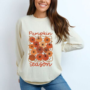 Simply Sage Market ���f�B�[�X �g�b�v�X T�V���c �t�����[�� �t�����[ �O���t�B�b�N Simply Sage Market Pumpkin Season Floral - Women's Garment Dyed Long Sleeve Graphic T-Shirt Ivory �A�C�{���[