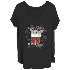 �X�^�[ �E�H�[�Y ���f�B�[�X �g�b�v�X T�V���c V�l�b�N �v���X�T�C�Y Juniors' Plusize Star Wars The Mandalorian Grogu Christmastocking V-Neck Tee Black �u���b�N