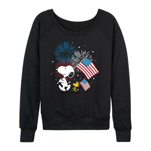 �A�j���L�����N�^�[ ���f�B�[�X �g�b�v�X T�V���c �p�C�� Licensed Character Women's Peanutsnoopy & Woodstock USA Flags & Fireworks French Terry Long Sleeve Tee Black �u���b�N