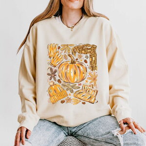 Simply Sage Market ���f�B�[�X �g�b�v�X T�V���c �X�E�F�b�g Simply Sage Market Fall Pumpkin Collage Glitter - Women's Lightweight Garment Dyed Sweatshirt Ivory �A�C�{���[