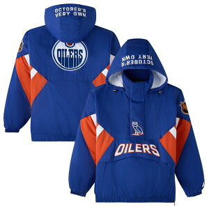 �A���u�����f�b�h �����Y �g�b�v�X T�V���c �t�[�f�b�h�W���P�b�g Unbranded Men's OVO x Starteroyal Edmonton Oilers Half-Zip Hooded Jacket Oil Blue �u���[