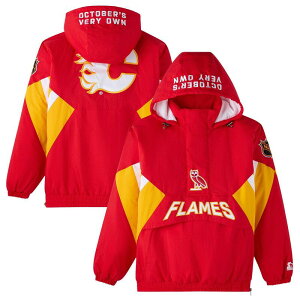 �A���u�����f�b�h �����Y �g�b�v�X T�V���c �t�[�f�b�h�W���P�b�g Unbranded Men's OVO x Startered Calgary Flames Half-Zip Hooded Jacket Flm Red ���b�h