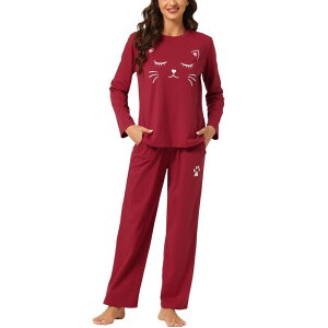 cheibear ���f�B�[�X �A���_�[�E�F�A �i�C�g�E�F�A �v�����g �p���c cheibear Women's Pajamas Nightwear Cute Cat Printops and Pantsleepwear Lounge Stes Red ���b�h