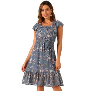�A���O�� �P�[ ���f�B�[�X �g�b�v�X �����s�[�X �V�t�H�� �t�����[�� �t���� �t�����[ ALLEGRA K Ruffle Dress For Women's Flutter Sleeve Belted Square Neck Floral Chiffon Dress Dusty Blue �u���[