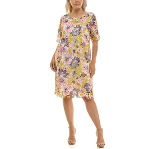 �j�i���I�i���h ���f�B�[�X �g�b�v�X �����s�[�X �v���X�T�C�Y �v�����g ���[�X Plusize Nina Leonard Elbow Sleeve Lace Print Dress Moss Multi �}���`�J���[