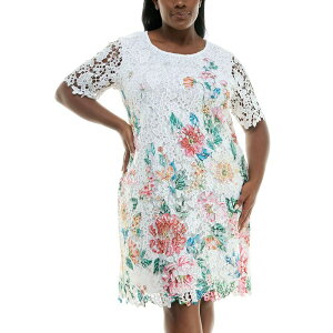 �j�i���I�i���h ���f�B�[�X �g�b�v�X �����s�[�X �v���X�T�C�Y �v�����g ���[�X Plusize Nina Leonard Elbow Sleeve Lace Print Dress White Multi �z���C�g