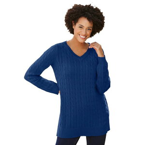 �E�[�}�� �E�B�Y�C�� ���f�B�[�X �A�E�^�[ �j�b�g�E�Z�[�^�[ V�l�b�N �v���X�T�C�Y Woman Within Plusize Cable Knit V-Neck Pullover Sweater Evening Blue �u���[