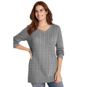 �E�[�}�� �E�B�Y�C�� ���f�B�[�X �A�E�^�[ �j�b�g�E�Z�[�^�[ V�l�b�N �v���X�T�C�Y Woman Within Plusize Cable Knit V-Neck Pullover Sweater Medium Heather Grey �O���[