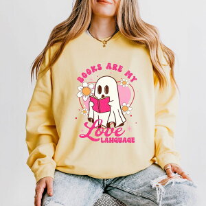 Simply Sage Market ���f�B�[�X �g�b�v�X T�V���c �X�E�F�b�g Simply Sage Market Books Are My Love Language Ghost - Women's Lightweight Garment Dyed Sweatshirt Butter