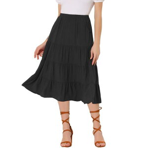 �A���O�� �P�[ ���f�B�[�X �{�g���X�J�[�g �e�B�A�[�h A ���C�� �~�f�B ALLEGRA K Women's A-line Tiered Pockets Midi Long Skirt Black �u���b�N