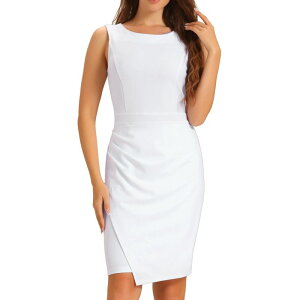 �A���O�� �P�[ ���f�B�[�X �g�b�v�X �����s�[�X �M���U�[ �m�[�X���[�u ALLEGRA K Sleevelessheath Dress for Women's Boat Neck Ruched Bodycon Work Office Dresses White �z���C�g