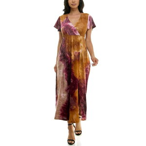 �j�i���I�i���h ���f�B�[�X �g�b�v�X �����s�[�X V�l�b�N �v�����g �}�L�V Women's Nina Leonard Tie Dye Print Flutter Sleeve V-Neck Maxi Dress Wine Rust Khaki ���C��