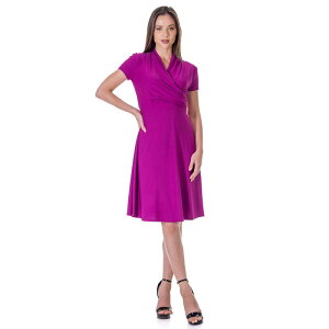 24 �Z�u���R���t�H�[�g ���f�B�[�X �g�b�v�X �����s�[�X V�l�b�N �Ђ��� Women's 24Seven Comfort Apparel Short Sleeve Knee Length V Neck Rouched Wrap Dress Magenta �}�[���^
