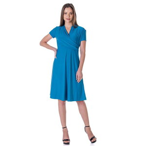 24 �Z�u���R���t�H�[�g ���f�B�[�X �g�b�v�X �����s�[�X V�l�b�N �Ђ��� Women's 24Seven Comfort Apparel Short Sleeve Knee Length V Neck Rouched Wrap Dress Teal �e�B�[��