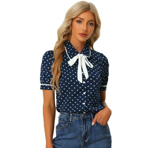 �A���O�� �P�[ ���f�B�[�X �g�b�v�X �V���c �h�b�g ALLEGRA K Women's Polka Dots Peter Pan Collar Tie Neck Short Sleeve Shirt Dark Blue �u���[