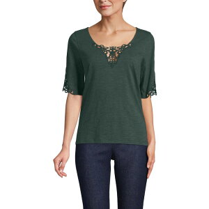 �����Y�G���h ���f�B�[�X �g�b�v�X T�V���c ���[�X�g���� ���[�X Women's Lands' End Elbow Sleeve Slub Lace Trim T-Shirt Evening Forest �t�H���X�g
