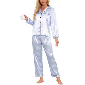 cheibear ���f�B�[�X �A���_�[�E�F�A �i�C�g�E�F�A �V���c �T�e�� cheibear Women's Pajama Sleep Shirt Nightwear Sleepwear Lounge Satin Pj Sets Blue Stripe �u���[