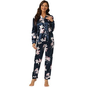cheibear ���f�B�[�X �A���_�[�E�F�A �i�C�g�E�F�A �V���c �T�e�� cheibear Women's Pajama Sleep Shirt Nightwear Sleepwear Lounge Satin Pj Sets Navy Blue �l�C�r�[