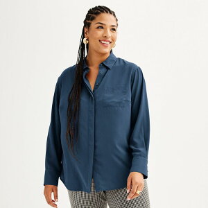 �i�C���E�F�X�g ���f�B�[�X �g�b�v�X �V���c �{�^���_�E�� �v���X�T�C�Y �_�E�� Plusize Nine West Drapey Button Down Shirt Resolute Blue �u���[