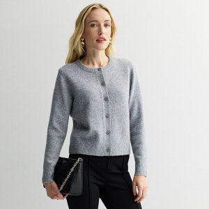 �i�C���E�F�X�g ���f�B�[�X �A�E�^�[ �j�b�g�E�Z�[�^�[ �N���[�l�b�N Women's Nine West Button Front Crewneck Sweater Dark Metal Heather �w�U�[