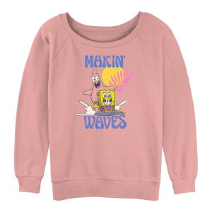 �y���������z �A�j���L�����N�^�[ ���f�B�[�X T�V���c �g�b�v�X Juniors' SpongeBob SquarePants And Patrick Making Waves Graphic Slouchy Terry Desert Pink