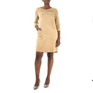 �j�i���I�i���h ���f�B�[�X �g�b�v�X �����s�[�X Women's Nina Leonard Jewelneck Three Quarter Sleeve Trapeze Dress Tan �^��